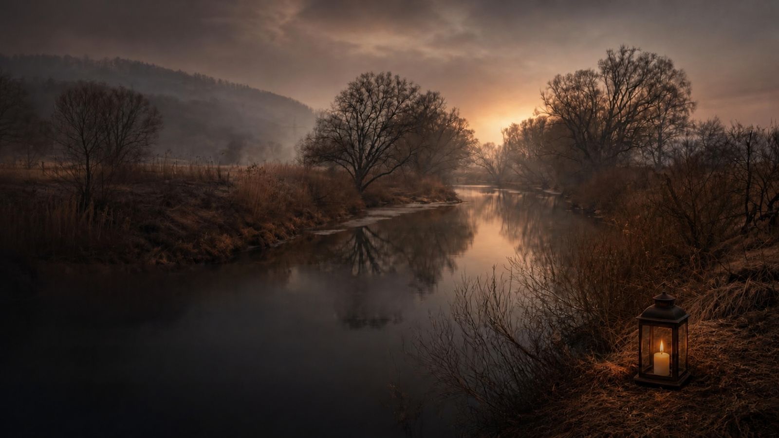 Nebliger Fluss im Abendlicht, am Ufer brennt eine Kerze in einer Laterne